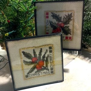 Vintage handcrafted small pair of Christmas cross stitch pictures